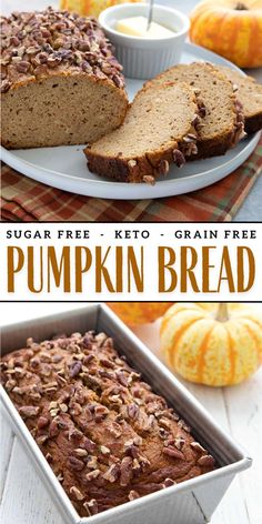 a loaf of pumpkin bread sitting on top of a white plate