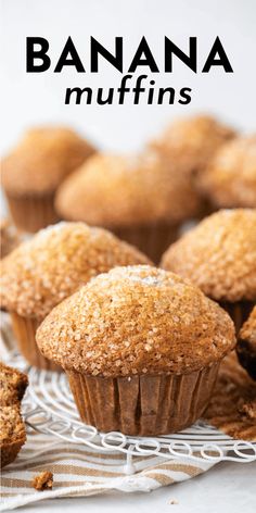 banana muffins on a wire cooling rack with the title overlay reads, banana muffins