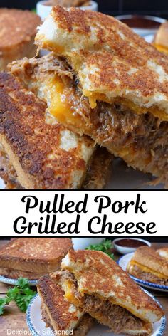 A double photo collage of a crispy grilled cheese with pulled pork.