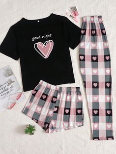 Heart & Slogan Graphic Tee & Plaid Print Shorts & Pants PJ Set / Pajama Set Multicolor Casual-Young  Short Sleeve Knitted Fabric Heart,Letter Pant Sets Medium Stretch All Women Sleep & Lounge, size features are:Bust: ,Length: ,Sleeve Length: Lounge Wear Set, Cute Pajama Sets, Plus Lingerie, Comfortable Pajamas, Cute Pajamas, Shorts Pants, Womens Pyjama Sets, Print Shorts, Print Pajamas