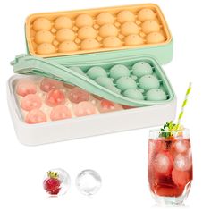 two ice trays filled with different types of fruit and drinks next to each other