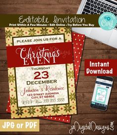 christmas party flyer with laptop and other items on wooden table next to phone, tablet