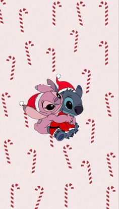 a cartoon character hugging another character with candy canes in the background