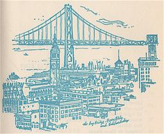 a blue and white drawing of a city with a bridge in the background that says san francisco