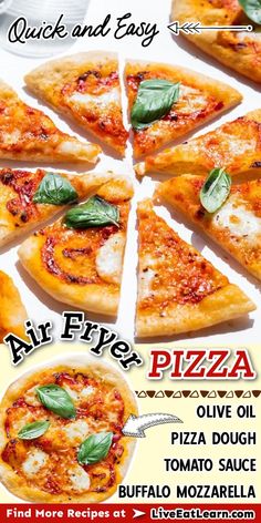 Photo of cooked pizza with the text 'Quick and easy air fryer pizza. Olive oil, pizza dough, tomato sauce, buffalo mozzarella' Homemade Personal Pizza, Pizza In The Air Fryer, Air Fryer Pizza, Crispy Recipes, Making Baked Potatoes, New Guy, Easy Tomato Sauce, Homemade French Fries