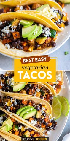 two plates filled with tacos and topped with black beans, avocado and cheese