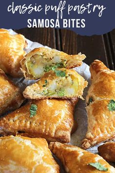 some food that is sitting on top of a piece of paper with the words classic puff pastry samosa bites