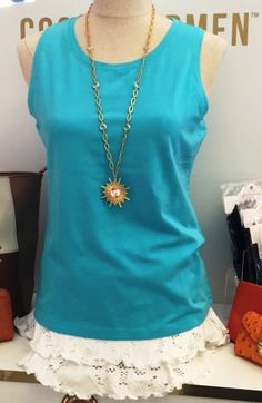 Erin London teal tank, Coco + Carmen lacy shirt extender underneath and a Spartina 449 necklace. Lacy Shirt, Shirt Extender, Spartina 449, Chain Necklace, London