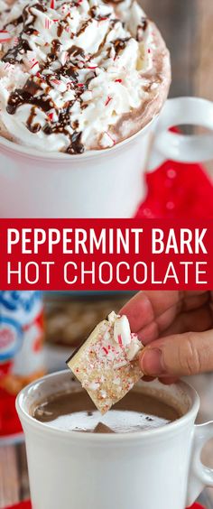 peppermint bark hot chocolate in a white cup