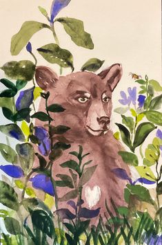 a painting of a bear surrounded by plants and flowers