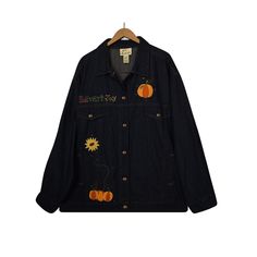 "Visit our shop at https://www.etsy.com/shop/OpenMarketVintage Embroidered Denim Jacket- Embroidered Jean Jacket- Plus Size Jacket- Women's Denim Jacket- Harvest Jacket- Autumn Coat- Oversize Coat- Thanksgiving Coat- Halloween Coat- Fall Jacket                     The Quaker Factory | made in India                 Women's coat- vintage embroidered jean jacket- Harvest/autumn  Dark blue denim | intricate multicolored embroidery | holiday/seasonal- pumpkins, sunflowers, scarecrow, tiny diamond-lik Embroidered Long Sleeve Denim Jacket For Fall, Womens Thanksgiving Outfit, Thanksgiving Outfit Plus Size, Plus Size Thanksgiving Outfit, Plus Size Herbst, Fall Denim Jacket, Jacket Patches, Thanksgiving Clothes, Paisley Jacket