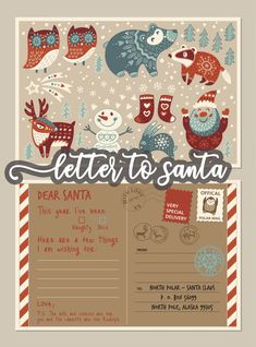 a letter to santa with animals and snowflakes in the background, on top of a