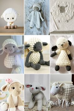 crocheted sheep and lambs are featured in this collage