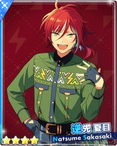 an anime character with red hair and green uniform, giving the peace sign while standing in front of a red background