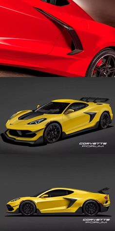 the yellow sports car is shown in three different views, and it appears to be painted red