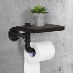 a toilet paper holder with a potted plant on the top and two rolls of toilet paper hanging from it