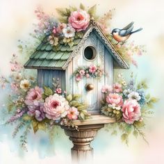 a birdhouse with flowers and birds on it's roof is painted in pastel colors