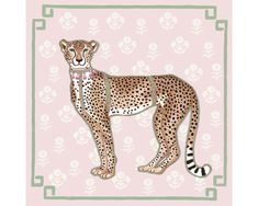 a drawing of a cheetah standing in front of a pink background with white flowers