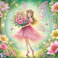 a painting of a fairy holding flowers in front of a forest with pink roses and butterflies