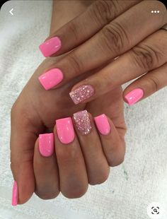 Pink Gel Nails With Sparkles, Barbie Dipped Nails, Nail Designs For Short Nails Pink, Square Barbie Nails, Pink Nails With One Glitter Nail, Pink Gel Short Nails, Nails To Match Pink Dress, Cute Barbie Nails, Barbie Nails Design Ideas Short