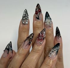 Black Cherry Nails, Shattered Glass Nails, Nail Inspired, Silver Nail Designs, Cherry Nails, Minimal Nails, Really Cute Nails, Short Acrylic, Glam Nails