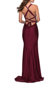 Wine Prom Dress, Maroon Low Back Dress, Deep Purple Prom Dress, Sleek Prom Dress, Burgundy V-neck Maxi Dress For Night Out, Burgundy Satin Floor-length Dresses, Fitted Burgundy V-neck Evening Dress, Maroon Prom Dress, Wedding Reception Gowns