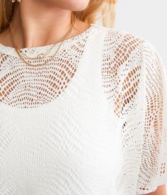 Women's Laser-Cut Top In White By Daytrip., Women's White Semi-sheer raw edge top Bust measures 44 on size small Body length 22 on size small. Layering piece(s) and/or accessories sold separately.. 97% Polyester 3% Spandex. Machine wash cold gentle cycle. Do not bleach. Lay flat to dry. Low iron if needed. Apparel & Accessories > Clothing > Shirts & Tops Chic Summer Lace Top For Layering, Chic Lace Top For Summer Layering, Sheer Crew Neck Blouse For Summer, Textured Top For Spring Layering, Chic Summer Mesh Top With Lace Details, Chic Textured Summer Tops, Chic Summer Knit Top For Brunch, Textured Tops For Spring Beach Outings, White Textured Tops For Spring