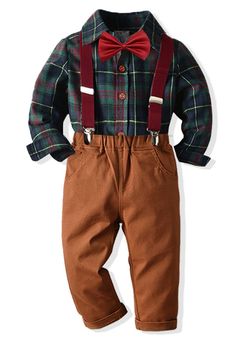 Tie And Suspenders, Boys Overalls, Boys Plaid Shirt, Yoga Wear Women, Green Plaid Shirt, Boys Plaid, Islamic Clothing, Boys Fashion, Brown Pants