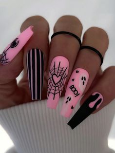 Hot Pink  Collar    Color Nails Embellished   Nail,Hand & Foot Care Spider Webs, Black Nail, Acrylic Nails Coffin Short