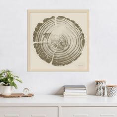 a white dresser topped with drawers next to a wall mounted art print on the wall