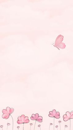 a pink background with flowers and a butterfly flying over it in the air above them