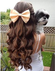 Half up half down hairstyle with curls and braids leading to a big bow I love this hairstyle Curly Homecoming Hairstyles, Curled Hair With Braid, Cheer Hair, Braided Hairstyles For Teens, Top Hairstyles, Braids With Curls, Half Updo, Teen Hairstyles, Superwholock