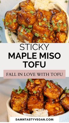 Sticky maple miso tofu in a serving dish over rice. Miso Tofu Recipe, Tofu Veggie Stir Fry, Miso Marinade, Miso Tofu, Glazed Tofu, Quiche Vegan, Miso Recipe