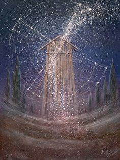 a painting of a windmill in the middle of a night sky with stars and lines coming out of it