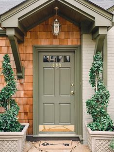 the front door of a house with potted plants