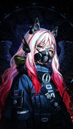 an anime character with pink hair and gas masks on her face, standing in front of a dark background