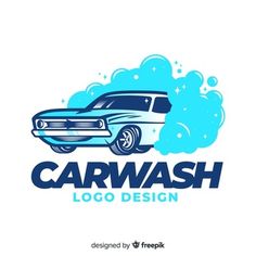 the car wash logo design is blue and white, with an image of a classic muscle car