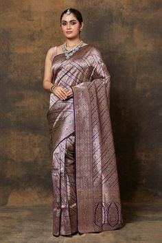 Purple banarasi pure silk saree with floral stripe handwoven motifs. Comes with running blouse piece. - Aza Fashions