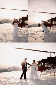 a bride and groom standing in front of a helicopter on top of snow covered ground