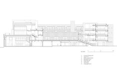 an architectural drawing of the exterior of a building with multiple levels and sections that are connected to each other