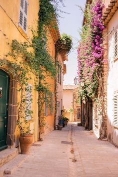 an alley way with flowers growing on the buildings