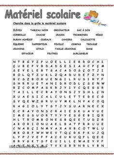 a word search page with the words in french