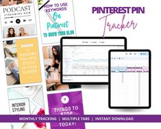 the pinterest pin tracker is displayed on two laptops and one desktop computer
