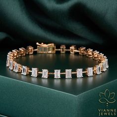 Experience the epitome of elegance with our 10.16 total carat weight (TCW) bracelet, showcasing a series of expertly crafted emerald-cut lab-grown diamonds. Each stone reflects light with precision, ensuring a dazzling display of brilliance around your wrist. Responsibly sourced and environmentally conscious, these lab-grown diamonds offer both ethical and aesthetic appeal. This bracelet seamlessly blends contemporary technology with timeless design, making it a perfect accessory for any occasion. With its exceptional sparkle and sophisticated allure, this piece promises to be a treasured addition to any jewelry collection. 💎 BRACELET Features: → Shape: EMERALD CUT → Carat: 10.16 TCW → Color: G+ → Clarity: VS+ As the listed ring is a custom order, there may be slight variations in its mea Diamond Bracelet For Women, Emerald Cut Moissanite, Luxury Bracelet, Wedding Jewelry Bracelets, 19 Days, Platinum Metal, Environmentally Conscious, Bracelet For Women, Wedding Bracelet