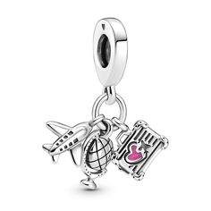 It’s time to pack your bags and add the Airplane, Globe & Suitcase Dangle Charm to your collection. 3 charms in 1, this sterling silver piece is every travel lover’s dream. Details include grooved windows on the airplane, longitude and latitude lines on the globe and a hand-applied pink enamel heart on the suitcase. Add this travel charm to your collection as a promise to plan future adventures or gift it to your globe-trotting BFF. Travel Sterling Silver Jewelry, Pandora Armband, Diy Collier, Charms Pandora, Travel Charms, Bracelet Pandora, Pandora Bracelet Charms, Bracelet Diy, Bracelet Cuir