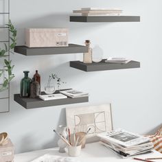 This set of 4 stylish wall display shelves is meant to be the focal point of your home. With an invisible mounting system, this wall shelf is easy to install and serves as the perfect place to place the items such as awards, books, collectibles, ornaments, etc. This rack is made of quality honeycomb MDF and metal frame, which is stable and durable. This display shelf is suitable for most decor and turns an empty wall into a design feature! Color: High gloss gray Material: Honeycomb MDF, metal Dimensions: 15.7" x 9.1" x 1.5" (L x W x H) Maximum load capacity (each): 11 lb Invisible mounting system Assembly required: Yes Delivery contains: 4 x Wall shelf Wall Display Shelves, Modern Wall Shelf, Wall Shelves & Ledges, Wood Floating Shelves, Floating Wall Shelves, Estantes Flotantes, Floating Wall, Display Shelf, High Gloss White