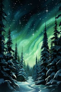 the night sky with stars and aurora bores above snow - covered trees in front of a snowy road