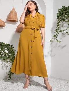 Yellow Summer Dress, Yellow Wedding Dress, Frock For Women, Mustard Dressing, Vestido Plus Size, Summer Plus Size, Belted Shirt Dress, African Clothing Styles