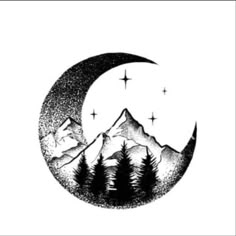 a black and white drawing of the moon with mountains in the background