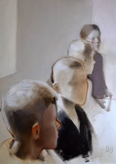 an oil painting of three people sitting next to each other